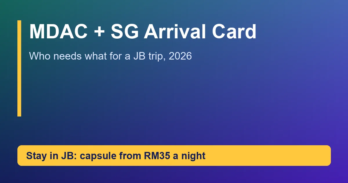 Card reading MDAC and SG Arrival Card checklist for a Johor Bahru trip, with a RM35 capsule from Pelangi Capsule Hostel